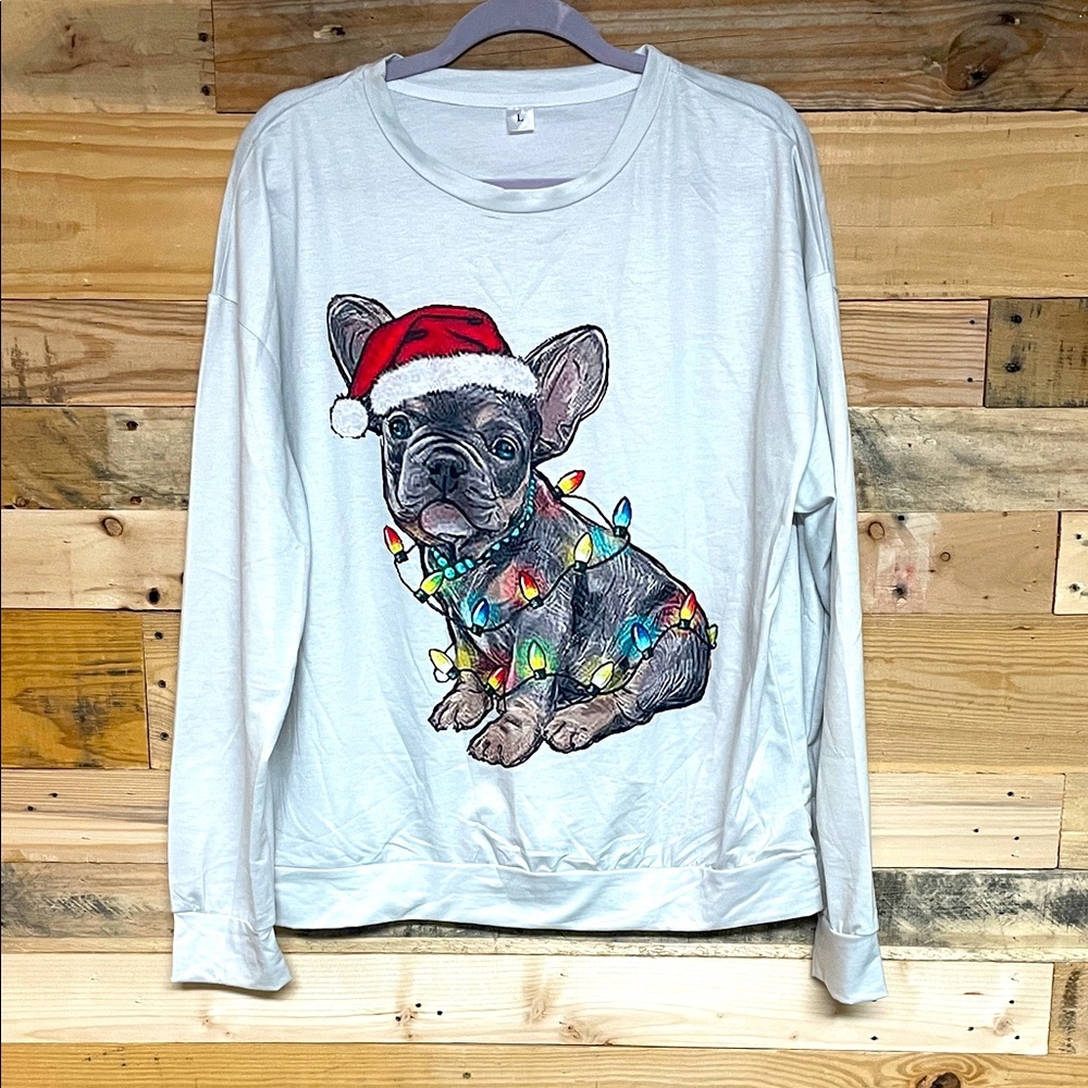 Size Large Light Gray Festive Bulldog Graphic Lightweight Terrycloth Sweatshirt